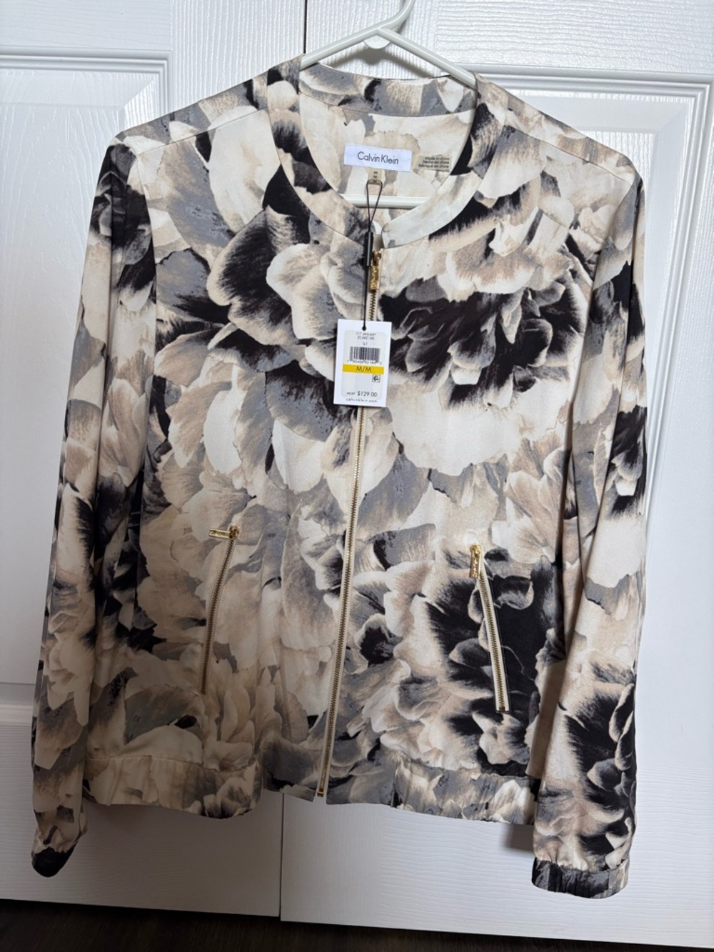 Calvin Klein Floral Zip-Front Bomber Jacket in Beige, Black & Cream